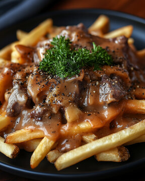 Gourmet poutine on a black ceramic plate, garnished with fresh parsley and coarse black pepper on top, thick fries with premium melted cheese and thick gravy, Ai generated images