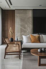 Modern design features characterize the chic ambiance of a living space.