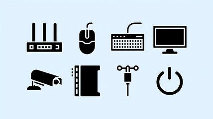Modern technology icons: router computer peripherals and security camera