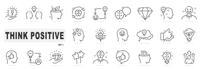 Set of positive thinking related line icons. Optimism, brain, thought, happiness etc. Editable stroke