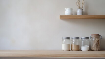 A modern kitchen shelf with jars of ingredients, creating a minimalist and organized cooking space for your culinary needs.