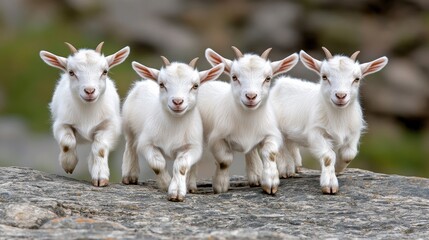 Fototapeta premium A group of white goats explores the edge of a historic stone wall in Israel, creating a striking and surreal atmosphere