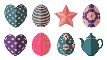 Colorful Easter eggs and a teapot, various designs.
