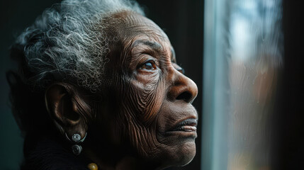 Elderly Black Woman with Dementia in Reflective Moment, Side Profile Emotional Portrait Depicting Loneliness and Degenerative Mental Disorder in Seniors, Daytime, Aging Theme, Social Issues Awareness