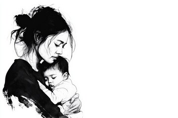 Mother and child embrace in hand drawn black and white line art