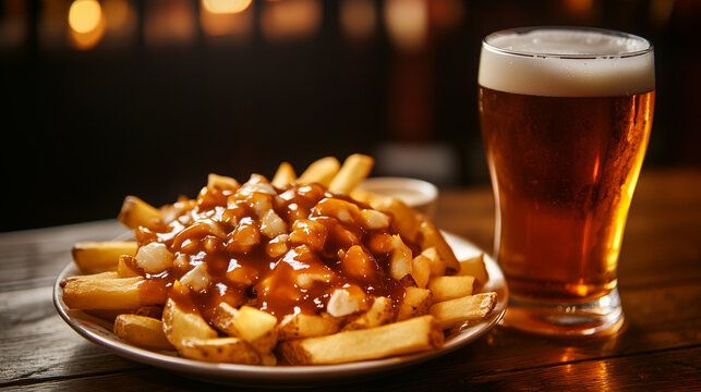 Poutine served in a classic Canadian style restaurant, poutine plate with glossy gravy, melted cheese, crispy fries, beside a glass of cold beer, Ai generated images