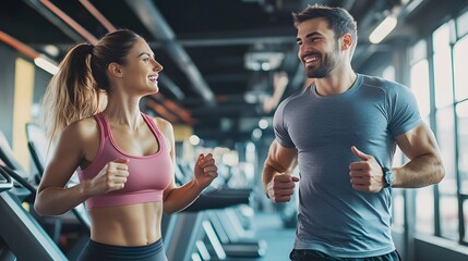 18. Happy fit man and woman running on treadmills in a bright, contemporary gym interior, sharing a conversation while working out.