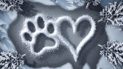 Winter wonderland paw print and heart in snow
