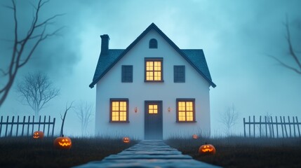 Eerie haunted house facade adorned with spooky decorations, atmospheric lighting, blank space for additional text.
