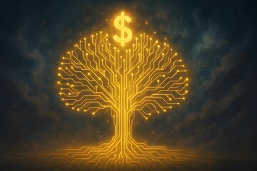Symbolic representation of a tree made from patterns with a dollar sign on top, conveying the concept of financial growth 