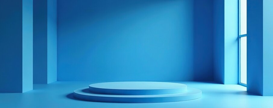 Interior corner room blue background abstract window light stage empty product studio showroom display presentation podium pedestal platform perspective table backdrop,  backdrop,  display