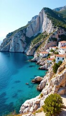 Rocky cliffs overlooking crystal clear turquoise waters of the Messinian Bay, with small traditional villages nestled along the coast,  Greece,  turquoise waters