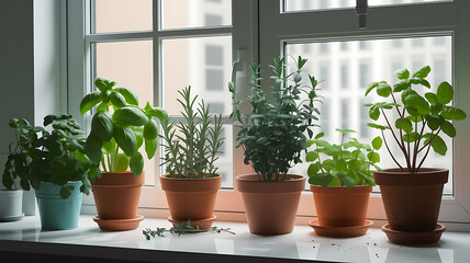 Fresh herbs in terracotta pots on a windowsill
