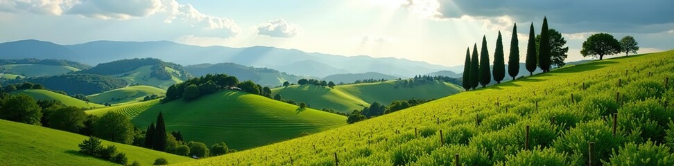 Obraz premium Rolling hills covered with lush vineyards and cypress trees under the bright sun in Tuscany, Italy, idyllic, travel
