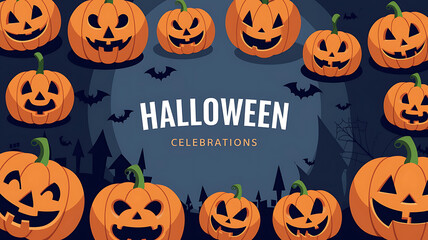 Halloween celebrations poster cartoon pumpkins dark background spooky elements