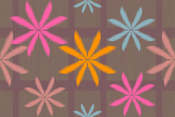 Lovely brown sarong pattern with pink, orange, blue flowers and brown stripes on the floral pattern.