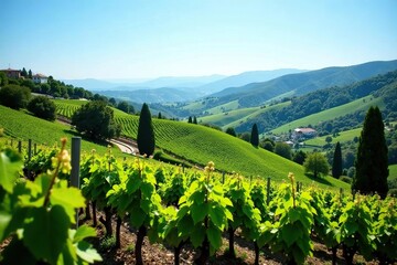 Naklejka premium Rolling hills covered in lush vineyards under a clear blue sky in the beautiful Priorat wine region of Catalonia, Tarragona, Spain, landscape, hills
