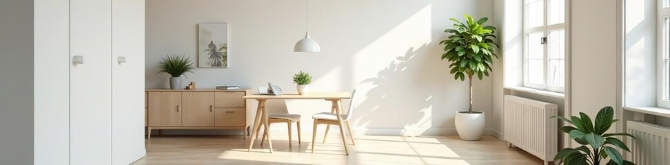 Light and airy home office setting with minimalist design for online meetings,  room design,  online meetings