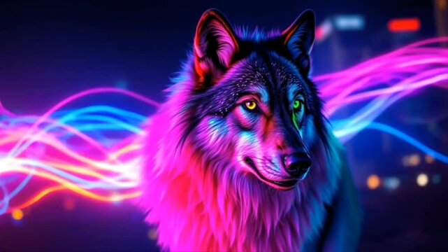 Wolf in neon flowing light.