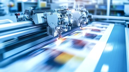 Modern printing machine processing colorful sheets with motion blur effect in a typography or print shop, representing the fast-paced nature of industrial printing