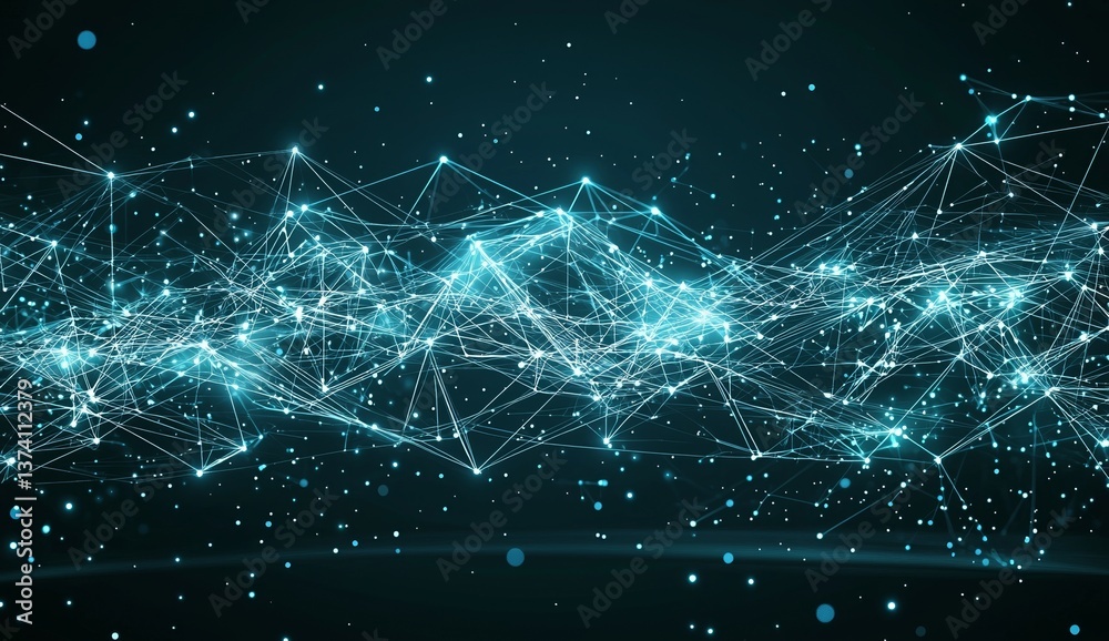 Poster An abstract representation of a futuristic web is depicted with glowing neon lights and grid line patterns on a dark background, reflecting a technology style or geometric backdrop in 3D rendering