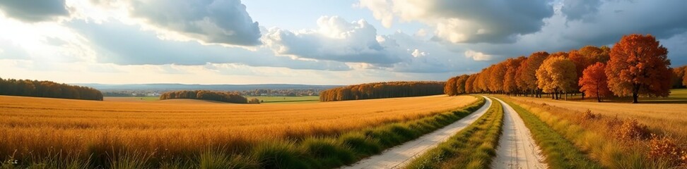 Fototapeta premium Panorama of tranquil autumn field with winding dirt road under cloudy sky Vibrant foliage, peaceful countryside scenery, seasonal beauty, cloudy sky, rural
