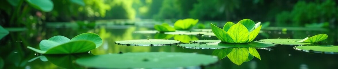 Lush green aquatic plants floating on the surface of a peaceful pond,  wetland,  nature