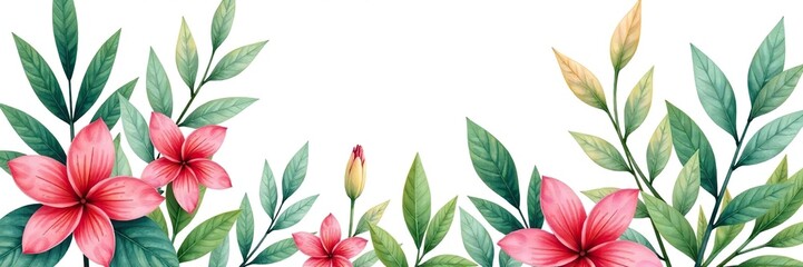 Tropical plants and flowers painted in watercolour on a white background pattern,  colorful,  art print