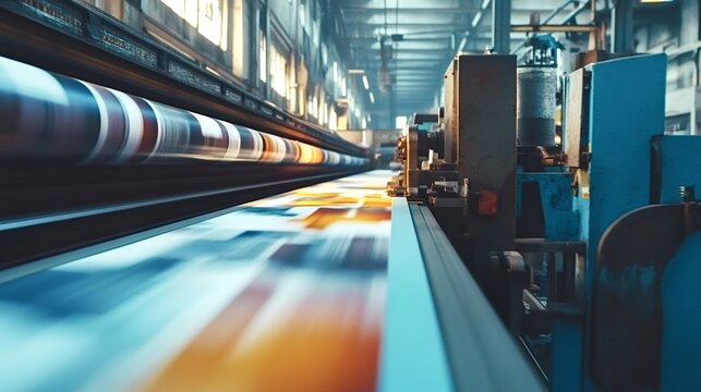 Modern printing machine processing a long roll of colorful paper in motion in a large industrial printing house, showing the advanced technology and efficiency of the printing process