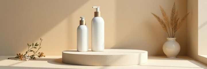 Minimal podium made of stone and wood for cosmetic product presentation, beauty product promotion mockup, trendy minimalist natural background,  minimalist,  trendy