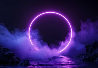 A dark and abstract futuristic setting features a cyber circle at its center, defined by geometric shapes, and illuminated by neon blue-pink rays of light against a dark backdrop