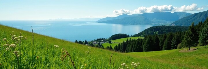 Fototapeta premium Lush green fields and rugged coastline of San Juan Island, Washington, tranquil, exploration
