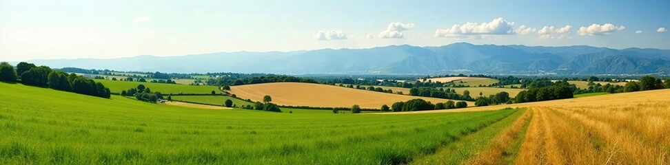Fototapeta premium Panoramic view of a stunning rural landscape with rolling fields and distant mountains, agriculture, natural