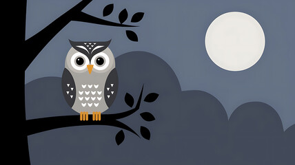 Cute owl perched on branch at night