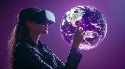 Naklejka premium A woman's hand is shown up close, wearing virtual reality glasses on a dark background, symbolizing the connection between learning and the virtual world in a futuristic technology concept