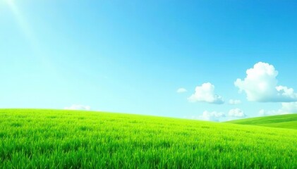 Fototapeta premium Lush green meadow with vibrant grass under clear blue sky, field, scenic