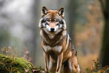 Obraz premium Powerful iberian wolf standing proudly on a moss-covered rock, exuding strength and grace while gazing intently in its natural forest habitat filled with lush greenery