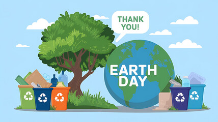 Earth Day celebration recycling bins and a thankful tree Eco-friendly graphic design