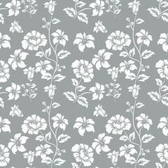 Fabric pattern, white flower pattern with green background, is a flower line art.