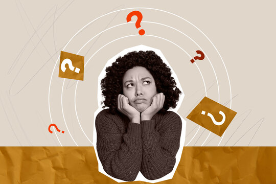 Composite art 3d creative image collage of serious american girl think question mark contemplation concept strategy plan
