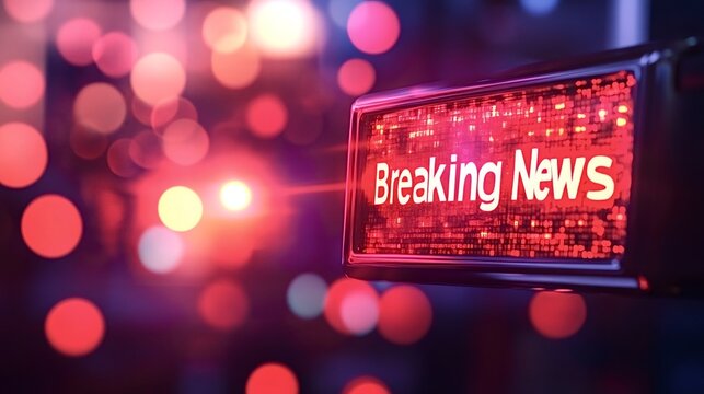 Breaking news sign displaying important information on a digital screen with blurred red and white lights in the background, creating a sense of urgency and immediacy