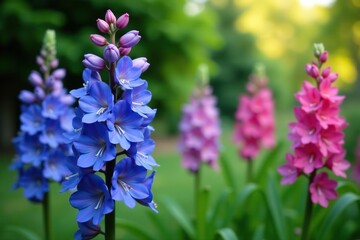 Obraz premium Vibrant blue and pink delphinium flowers blooming in a garden, spring, delphinium