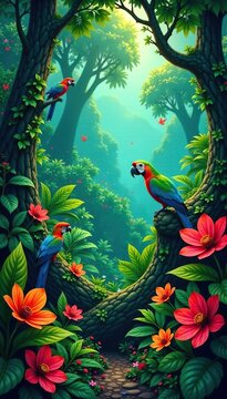 Lush vibrant tropical forest with colorful flowers, lush greenery, and exotic birds,  foliage,  lush