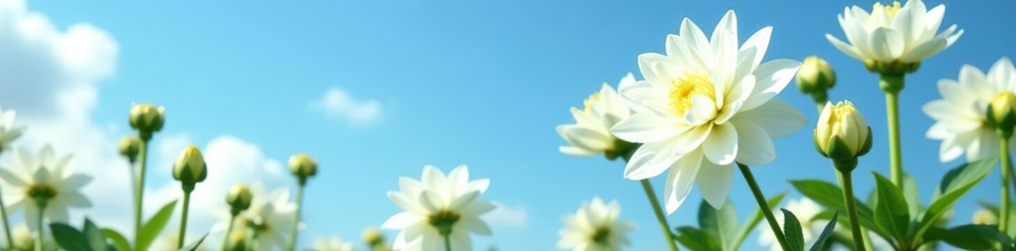 Lush white dahlia flowers and buds in full bloom against clear blue sky backdrop,  beautiful,  flora