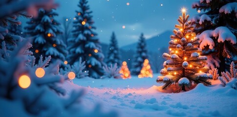 Snow-covered landscape with glowing Christmas trees, sparkling lights, and icy scenery,  lights,  snowy trees