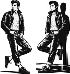 A black and white illustration depicts two young men in a 1950s greaser style with leather jackets, t-shirts, cuffed jeans, and dress shoes, leaning casually.