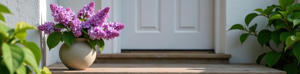 Vase of lilac flowers sitting on wooden doorstep in front of the door of a house,  floral,  flowers