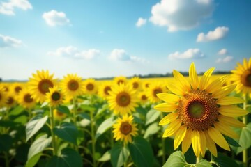 Fototapeta premium Vast agricultural field with blooming yellow sunflowers in summer countryside, beauty, sky