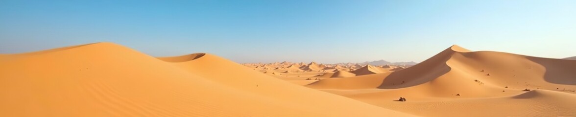 Vast, arid desert landscape with towering sand dunes and clear blue sky,  heat,  outdoors