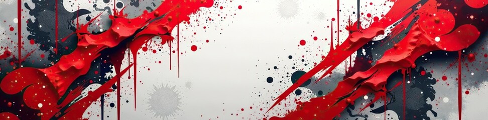 Sublimation jersey design with modern grunge background, camouflage paint splatter, striking stripes, spikes, red and grey colors, Japanese calligraphy brush strokes,  spikes,  stripes